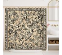 Elegante tenda da doccia floreale, nero e beige, design vintage con foglie, decorazione da bagno, autunno inverno, stile classico senza tempo, tenda da doccia in tessuto impermeabile con ganci, 183 x