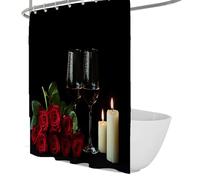 Elegante tenda doccia con sfondo nero, rose rosse romantiche, candele accese e bicchieri da vino, tenda doccia Arredamento bagno di lusso impermeabile 200 x 220 cm
