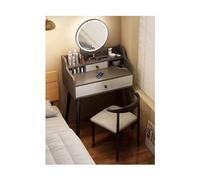 Elegante toeletta grigia con specchio rotondo e illuminazione a LED, 60 cm, con cassetti, per camera da letto, mobili moderni per bellezza e cura di sé.