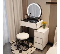 Elegante toletta con illuminazione a 3 colori, sgabello imbottito, elegante toletta con cassetti e armadietto laterale per piccole camere da letto e spogliatoi per donne e ragazze.