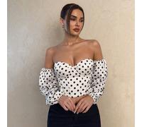 Elegante top corto da donna con stampa floreale, maniche a lanterna e spalle scoperte, blusa primaverile/estiva, top retrò e grazioso da donna, top con stampa a pois sulle spalle e coppa del seno, top