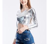 Elegante top donna in finta pelle bagnata con scollo a V e maniche lunghe