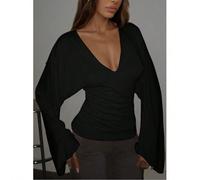 Elegante top nero lavorato a maglia da donna, con scollo a V profondo e maniche lunghe a zampa d'elefante, tessuto comodo ed elastico, adatto per uso casual, uscite, San Valentino e primavera L,M,S,XL