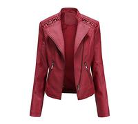 Elegante trench da donna in pelle a maniche lunghe cappotto casual impermeabile collo a risvolto cappotto pisello caldo autunno inverno cappotto casual giacca lunga con tasche, Colore: rosso, L