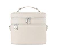 Elegante trousse cilindrica per trucchi con doppie cerniere e tracolla per un facile trasporto dell'agenda per trucchi in poliuretano, beige.