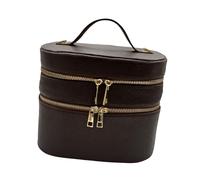 Elegante trousse cilindrica per trucchi con doppie cerniere e tracolla per un facile trasporto dell'agenda per trucchi in poliuretano, Coffee color