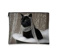 Elegante trousse da viaggio con gatto con perle, da donna, organizer alla moda con cerniera, scelta perfetta per gli amanti degli animali, vacanze e uso stagionale, nero, 7x9 Inch, Gatto
