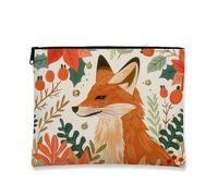 Elegante trousse da viaggio con volpe e motivo floreale, per donne, portatile, piccola borsa in tela con cerniera, borsa da toilette regalo per le vacanze, Arancione, 7x9 Inch