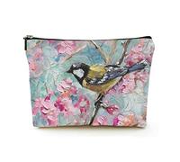 Elegante trousse per cosmetici da viaggio in lino da donna, trousse per cosmetici durevole, borsa organizer per trucchi, cinciallegra in un frutteto di ciliegi in fiore, per donne/uomini
