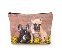 Elegante trousse per cosmetici da viaggio in lino da donna, trousse per cosmetici durevole, borsa organizer per trucchi, cani di razza bulldog francese e fiori margherite gialle, per donne/uomini