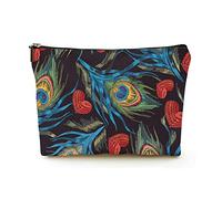 Elegante trousse per cosmetici da viaggio in lino da donna, trousse per cosmetici durevole, borsa organizer per trucchi, piume di pavone ricamate e cuori, per donne/uomini