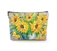 Elegante trousse per cosmetici da viaggio in lino da donna, trousse per cosmetici durevole, borsa organizer per trucchi, pittura a olio di girasoli in un bellissimo vaso, per donne/uomini