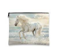Elegante trousse per il trucco a forma di cavallo, borsa da viaggio per cosmetici da donna a forma di cavallo bianco magico, organizer portatile in tela con cerniera, borsa da toilette regalo per fes