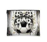 Elegante trousse per il trucco con palloni da calcio, borsa da viaggio moderna con fiocco, per donne, elegante organizer con cerniera, regalo sportivo per tutte le stagioni, Nero, Bianco, 7x9 Inch