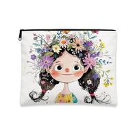 Elegante trousse per il trucco, ragazza con capelli floreali, graziosa borsa da viaggio per donne, piccola borsa portatile in tela con cerniera, regalo primaverile per la cura della pelle, bianco, 7x9