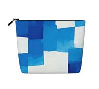 Elegante trousse per trucchi con stampa geometrica blu e viola, borsa per cosmetici da donna, per uso quotidiano, viaggi e viaggi di lavoro, Quadrati blu e bianchi, taglia unica