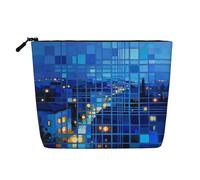 Elegante trousse per trucchi con stampa geometrica blu e viola, borsa per cosmetici da donna, per uso quotidiano, viaggi e viaggi di lavoro, Città Blues, taglia unica