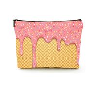 Elegante trousse per trucchi da donna, in lino, per cosmetici, da viaggio, durevole, organizer per trucchi, glassa rosa gocciolante con spruzzi colorati su waffle, per donne/uomini
