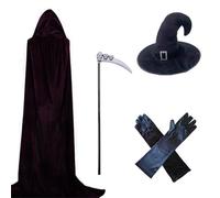 Elegante Vampiri Mantello della Morte per adulti con cappello da strega Guanti Falce Set per Halloween Festività Costume da strega Halloween Velvets Mantello con cappuccio