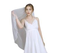 Elegante velo da sposa con bordo in perline e pettine per capelli, lunghezza della punta delle dita, per cerimonia di matrimonio, fidanzamento, sposa, con bordo in rilievo