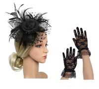 Elegante velo in pizzo fascinator cappello e guanti da polso in pizzo set decorazione per capelli per matrimoni vintage tea party