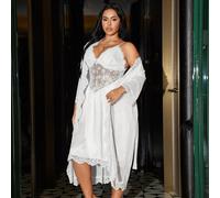 Elegante vestaglia da notte lunga in pizzo e rete francese sexy con spacco, affascinante vestaglia da notte per taglie forti 1XL,2XL,3XL,4XL,5XLColore unicoRaso,Tessuto in tulle