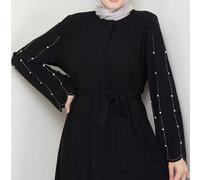 Elegante vestaglia nera a maniche lunghe, collo tondo, decorata con strass e perle, cardigan con cintura in vita con cerniera, abito lungo in tessuto lavorato da donna, abaya L,M,S,XL,XXLTessuto intre