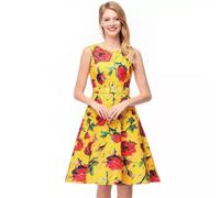 Elegante vestito abito corto giallo fiori estivo scampanato comodo 4319