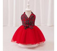 Elegante vestito da bambina alla moda in rosso a quadri con contrasto in rete, adatto per uso quotidiano, feste e raduni, che esalta l'innocenza e la dolcezza della giovane ragazza 6-9M,9-12M,12-18M,1