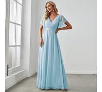 Elegante vestito da damigella d'onore in chiffon azzurro chiaro con scollo a V, maniche a balze e gonna ampia, abito lungo da cerimonia semi-formale per invitati al matrimonio L,M,S,XL,XS,XXLColore un