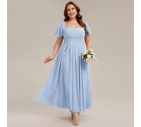 Elegante vestito da damigella d'onore in chiffon con maniche corte e scollo quadrato, colore blu chiaro, abito da cerimonia estivo per invitati al matrimonio, abbigliamento per la festa di nozze 0XL,1