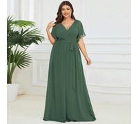 Elegante vestito da damigella d'onore verde oliva con scollo a V e maniche a volant, adatto per gli ospiti del matrimonio, le madri delle spose, feste di vacanza 0XL,1XL,2XL,3XL,4XL,5XLColore unicoChi