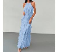 Elegante vestito da vacanza con scollo a barca e senza maniche, con dettagli in volant a strati, estetica di una dea graziosa, snellente e allungante, adatto per la primavera/estate L,M,S,XSChiffon