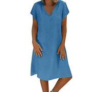 Elegante Vestito Donna in Lino Estivo Maniche Corte,Vestiti Donna Estivi Scollo a V Tinta Unita Taglie Forti,Nero Abiti Prendisole Spiaggia Casual Summer Dresses for Women Boho Fresco Vacanza