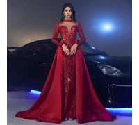 Elegante vestito lungo da sera/ballo con paillettes, in satin rosso, a sirena, con maniche lunghe in tulle ricamate, strascico over con paillettes, adatto a cerimonie, feste, eventi formali L,M,S,XL,X