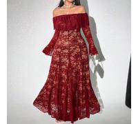 Elegante vestito lungo in pizzo con collo arricciatoe spalle scoperte, in taglie comode 0XL,1XL,2XL,3XL,4XLFloreale,Colore unico,stampa dappertuttoTessuto in maglia