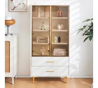 Elegante Vetrina Bianca Con Due Ante - 70 x 35 x 150 cm - Porte in Vetro Color Teal, Gambe Dorate, Ripiani Mobili, Luce a LED, Armadietto Alto