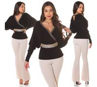 Eleganter Damen Pullover mit Paillettenbesatz Fledermausärmel 1698