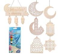 Eleganti Decorazioni per Ramadan e Eid Mubarak,Decorazione Casa - Set con 7 Pendenti in Legno e 12 Pastelli per un Ramadan Personalizzato e Colorato