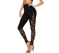 Eleganti leggings da donna in cotone per yoga, leggings da donna, a vita alta, in cotone, per yoga, elasticizzati, leggin skinny, con ricamo, in tulle, per la pancia, pantaloni sportivi lunghi, Nero