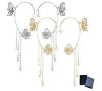 Eleganti orecchini a farfalla e fiori con nappe, orecchini senza piercing con strass e squasti di farfalle, clip, orecchini avvolgenti, orecchini finti, orecchini a goccia (oro+argento)
