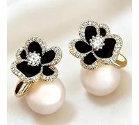Eleganti orecchini a perno a forma di fiore in smalto nero con zirconi brillanti per le donne per feste di nozze imitazione perla