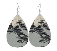 Eleganti orecchini da donna in pelle con stampa albero di pino sotto la luna, gioielli pendenti a goccia, accessorio leggero con glitter, taglia unica, in pelle, senza gemme, taglia unica, pelle