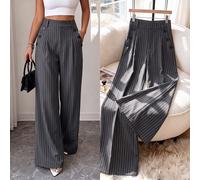 Eleganti pantaloni larghi da donna stile francese con vita elastica e tasche laterali oblique, a righe grigie e bianche, casual, per la Festa degli Insegnanti, ufficio e affari L,M,S,XLA strisceTessut