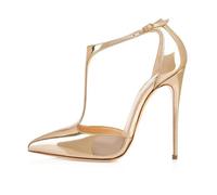 Eleganti Scarpe con Tacco Alto e Cinturino a T da Donna alla Moda Chiuse con Cinturino alla Caviglia Sexy con Tacco a Spillo per Abiti da Ballo da Sposa e da Festa,d'oro,42 EU