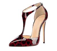 Eleganti Scarpe con Tacco Alto e Cinturino a T da Donna alla Moda Chiuse con Cinturino alla Caviglia Sexy con Tacco a Spillo per Abiti da Ballo da Sposa e da Festa,Leopard Print a,46 EU