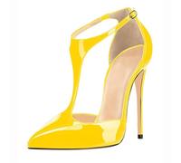 Eleganti Scarpe con Tacco Alto e Cinturino a T da Donna alla Moda Chiuse con Cinturino alla Caviglia Sexy con Tacco a Spillo per Abiti da Ballo da Sposa e da Festa,Giallo,42 EU