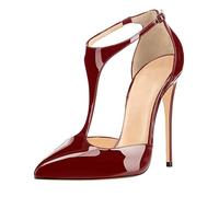 Eleganti Scarpe con Tacco Alto e Cinturino a T da Donna alla Moda Chiuse con Cinturino alla Caviglia Sexy con Tacco a Spillo per Abiti da Ballo da Sposa e da Festa,Wine Red,35 EU