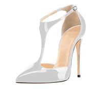 Eleganti Scarpe con Tacco Alto e Cinturino a T da Donna alla Moda Chiuse con Cinturino alla Caviglia Sexy con Tacco a Spillo per Abiti da Ballo da Sposa e da Festa,Argento,44 EU