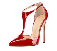 Eleganti Scarpe con Tacco Alto e Cinturino a T da Donna alla Moda Chiuse con Cinturino alla Caviglia Sexy con Tacco a Spillo per Abiti da Ballo da Sposa e da Festa,Rosso,39 EU